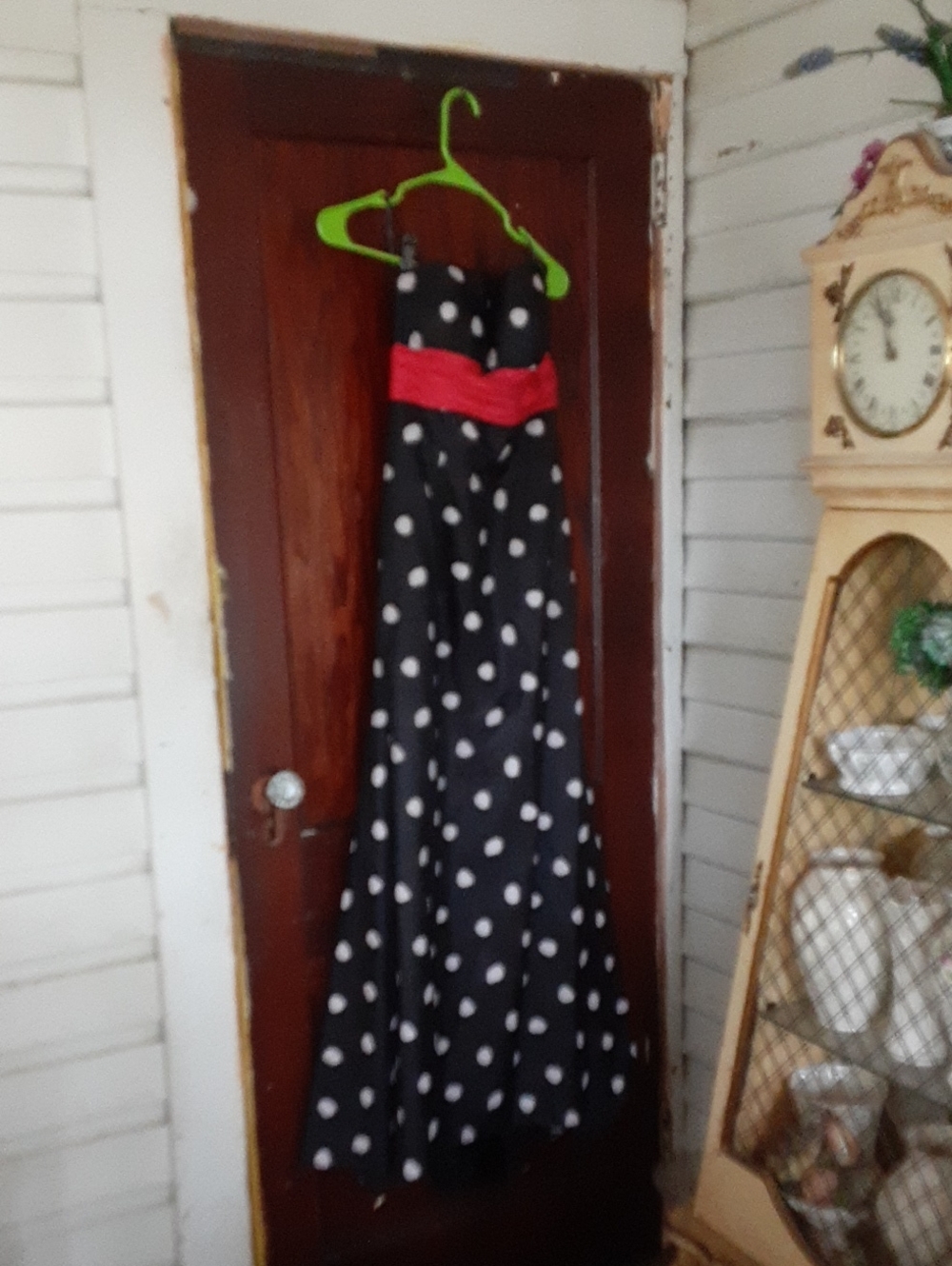 Jan's Black Polka Dot Formal Dress with Red Sash Accent "It's A Polka Dot Prom"